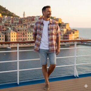 Island Republic Shirt, 100%‎ Linen, Button Front, Plaid Pattern, Red Purple, XL